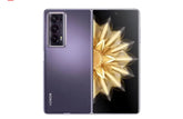 Purple HONOR smartphone back and open front view Honor Magic V2 5G foldable phone with floral screen and triple rear cameras